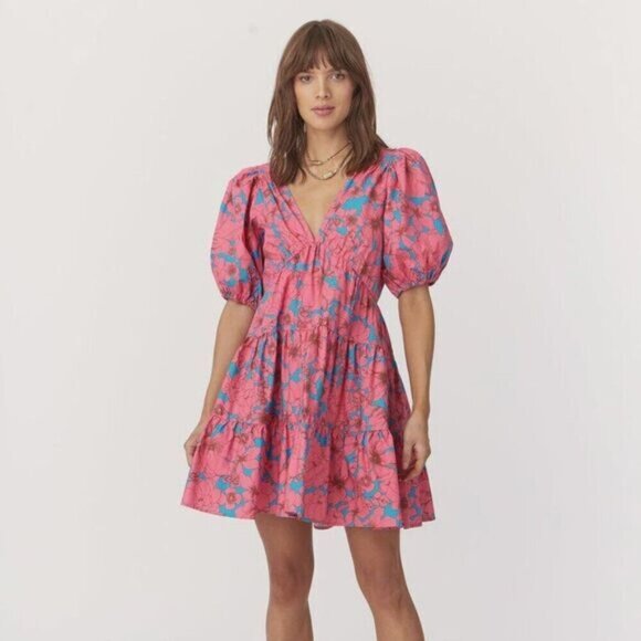 Xirena Pink Mini Dress Nissa‎ Floral Paisley Puff Sleeves Pockets Large - Picture 1 of 8
